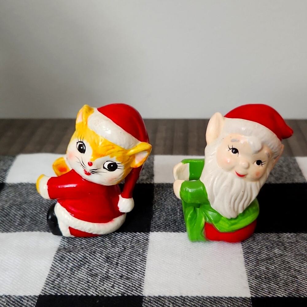 🎄Set of 2 vintage candle hugger climber taper Christmas Holidays Elf Cat Kitten